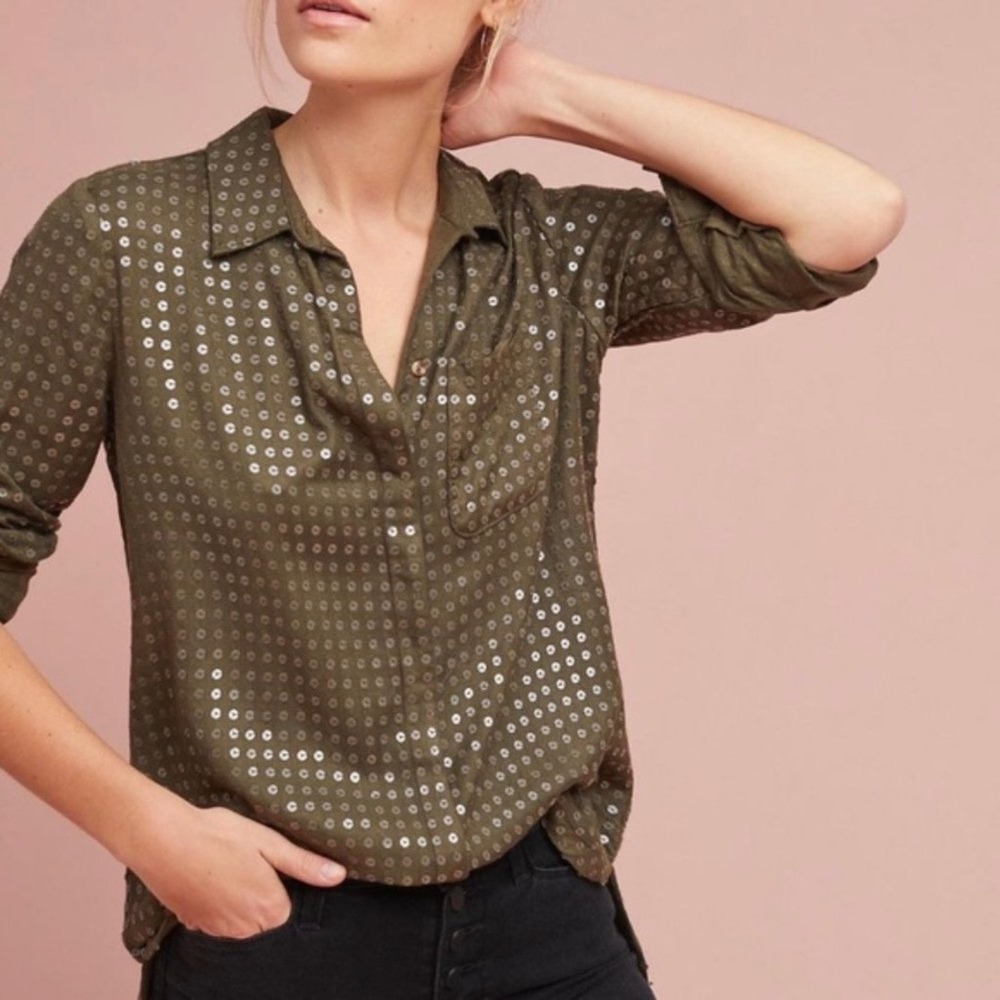 Maeve Anthropologie Olive Green Arwa Sequin Button Up Top Size Small